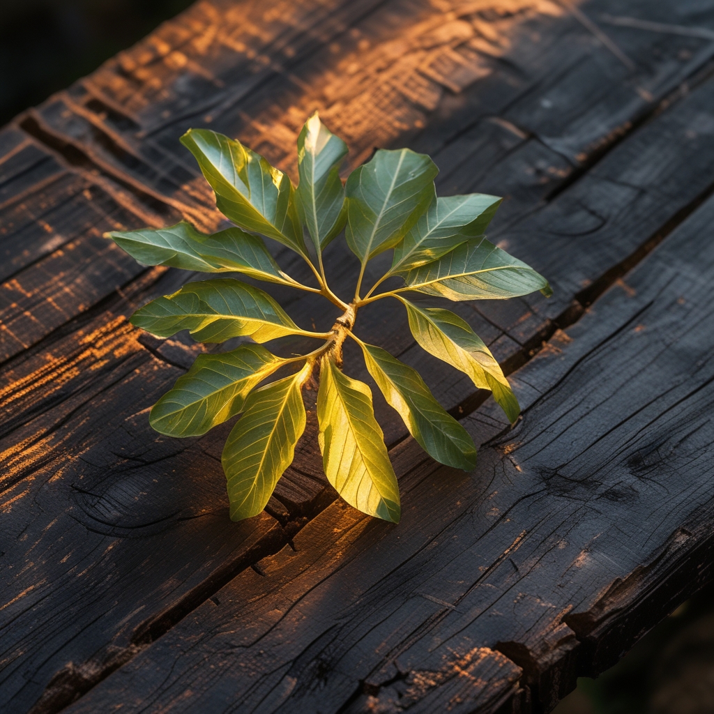 Macro photograph of ginkgo biloba leaves with distinctive fan-shaped structure resting on aged dark wood, backlit with warm amber light emphasizing translucent veins