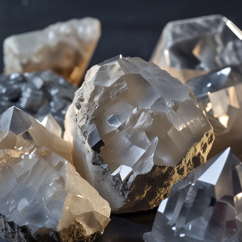 Close-up of grey and white mineral stones and rock crystals with rough natural textures on a dark background, illuminated by dramatic side lighting to reveal crystalline structures