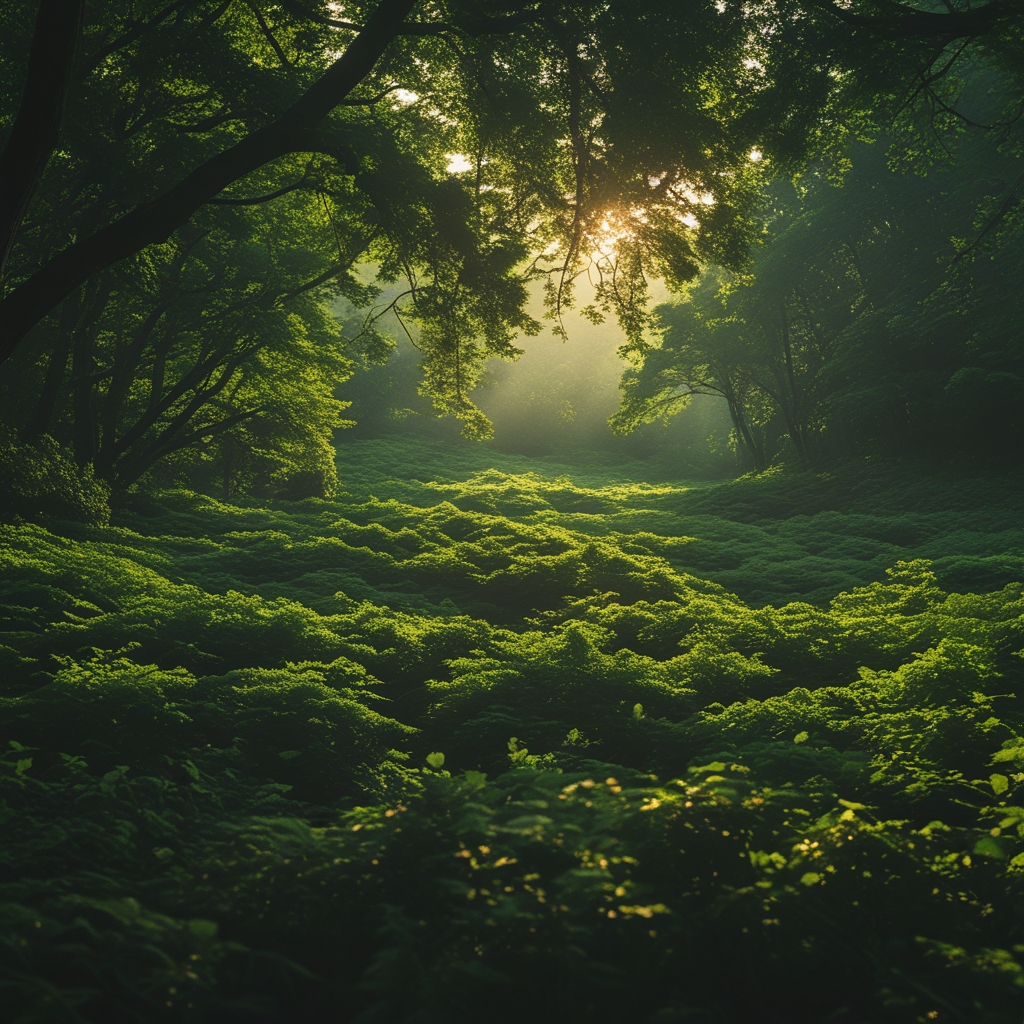 Dense green forest canopy seen from below with sunlight filtering through the leaves, creating a natural and calming atmosphere of vitality