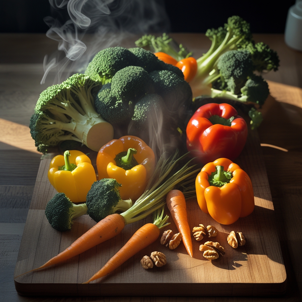 Assorted whole fruits and vegetables on a wooden cutting board including broccoli, bell peppers, carrots, and walnuts lit by warm afternoon light in a kitchen setting